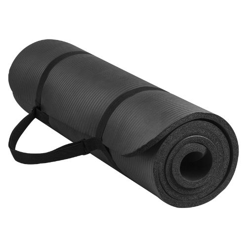 A yoga mat with carrying strap
